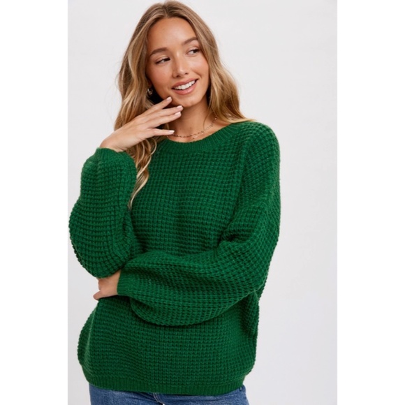 SOLD OUT Forest Green Waffle Knit Pullover Chunky Wide Puff Sleeve Casual - Picture 2 of 8